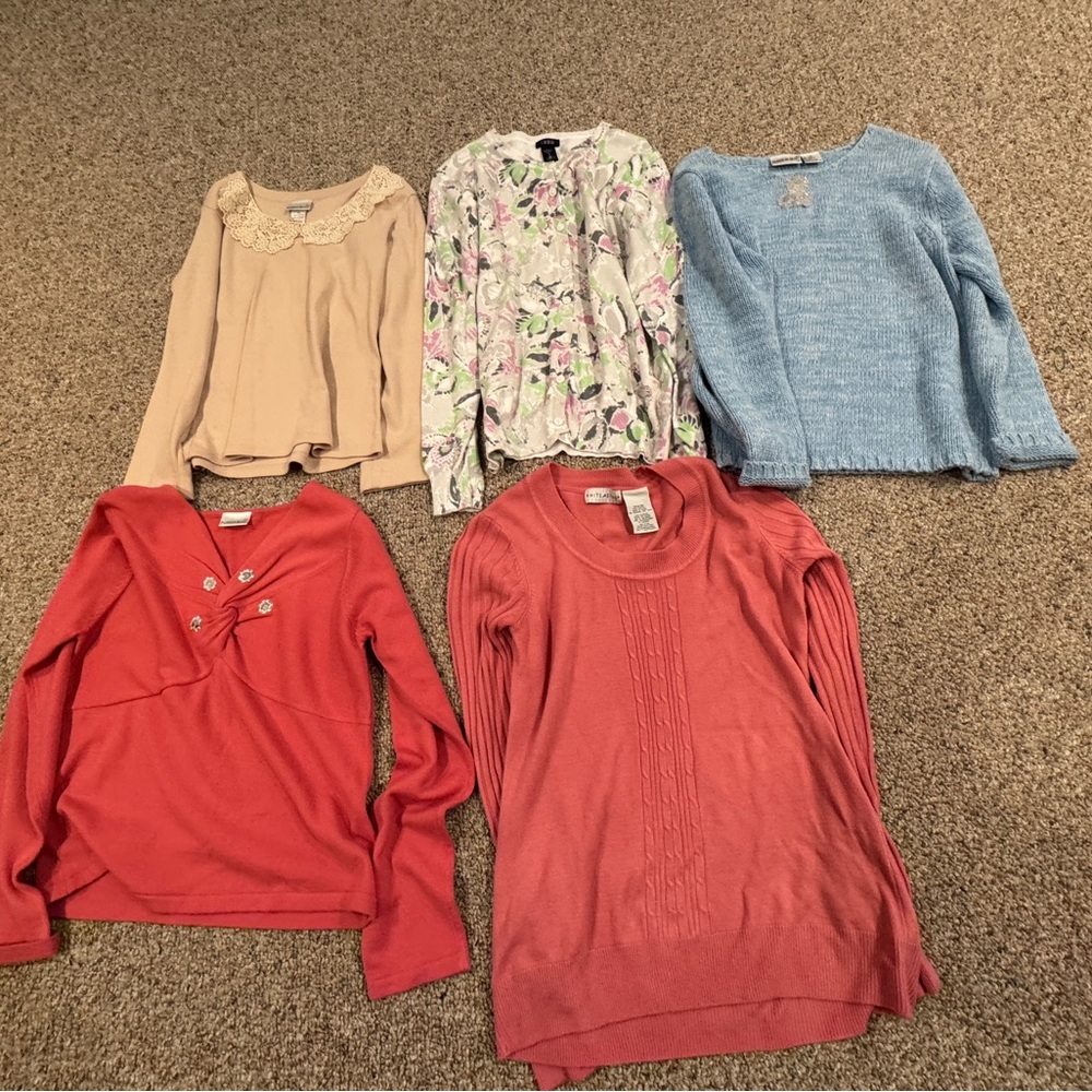 5 Women’s medium sweaters and a shirt. Name brands. Some have bling